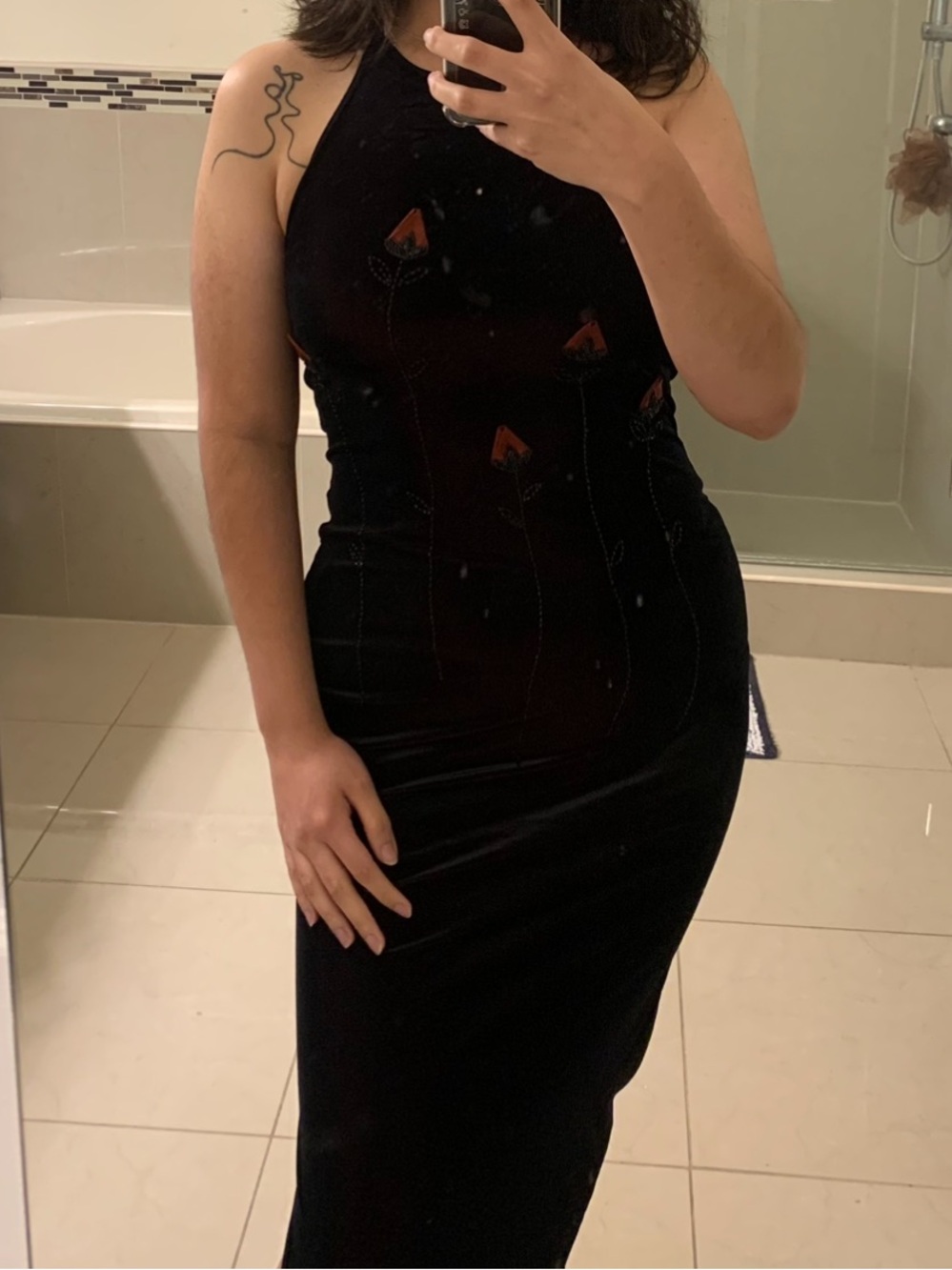 Vintage (90’s/Y2K) Burgundy Velvet Halter Maxi Dress with Beaded Flower Accents